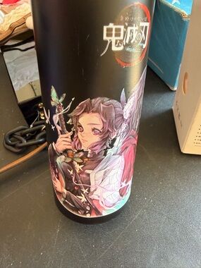 Anime Character Water Bottle - Black with Pink, Purple, Green Art
